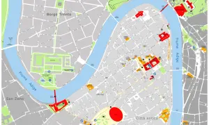 Mappa di Verona: cosa vedere a Verona in un giorno. Mostra l'Arena, Casa di Giulietta, Castelvecchio e il fiume Adige.