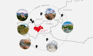 Mappa che mostra cosa vedere in un giorno da Innsbruck: castelli, ponti, città e montagne in Austria, Germania, Italia.