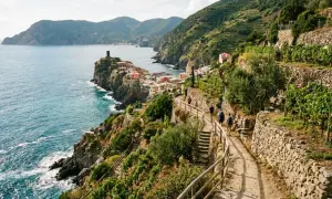 Sentiero panoramico tra i vigneti delle Cinque Terre, con vista sul mare blu e i colorati borghi aggrappati alla scogliera.