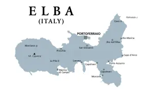 Mappa dell'Isola d'Elba, in Italia, con le principali località come Portoferraio, Marciana e Porto Azzurro.