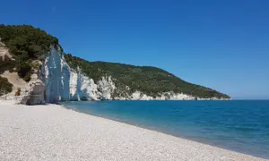Spiaggia bianca puglia con scogliere a picco sul mare cristallino e vegetazione mediterranea.