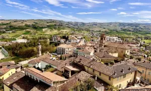 Panoramica di Castagnole delle Lanze, con tetti rossi e colline verdi. Cosa vedere: il borgo e i vigneti circostanti.