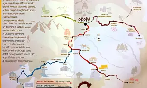 Mappa illustrata del Cammino di Oropa, con percorsi, santuari e borghi. Un viaggio tra natura e spiritualità.