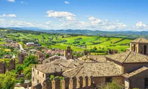 Un borgo medievale con torri e tetti in cotto, incastonato tra le verdi colline dell'Emilia Romagna, uno dei 5 borghi più belli della regione.