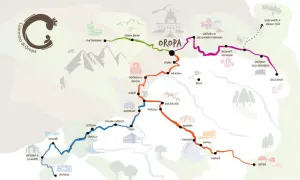 Mappa stilizzata del Cammino di Oropa, un percorso tra santuari e borghi in Italia, con sentieri colorati che attraversano montagne e valli.