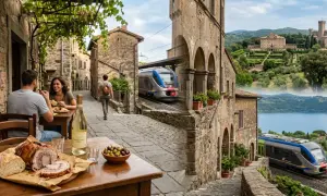 Coppia mangia in un borgo vicino Roma, con treno che passa e vista su lago e castello.
