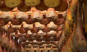 Prosciutti appesi in un locale di stagionatura, un'immagine che evoca i sapori autentici di San Daniele del Friuli.
