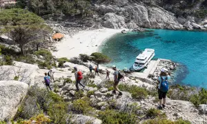 Escursionisti esplorano i sentieri rocciosi dell'isola di Montecristo, con una spiaggia bianca e acque turchesi. Una nave attende al molo.