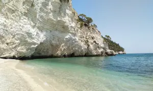 Spiaggia di ciottoli bianchi e mare cristallino ai piedi di una maestosa scogliera calcarea, con grotte marine. La **cala della pipa** è un angolo di paradiso.