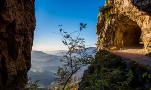 Sentiero roccioso con vista panoramica sulle colline del Veneto. Un ramo spoglio si staglia contro il cielo azzurro, invitando a esplorare le passeggiate in Veneto.