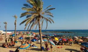 Spiagge Marina di Ragusa affollate di bagnanti sotto palme e ombrelloni colorati, con il mare azzurro sullo sfondo.