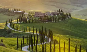 Un sogno di tour toscana 3 giorni: colline verdi, cipressi iconici e un casale al tramonto.