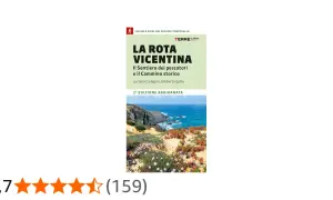 Copertina del libro "La Rota Vicentina", con paesaggio costiero e indicazioni sulle tappe del cammino.