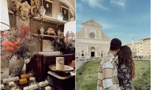 Co zobaczyć we Florencji w 4 dni: uroczy sklep z mydłami i para podziwiająca fasadę kościoła Santa Maria Novella.