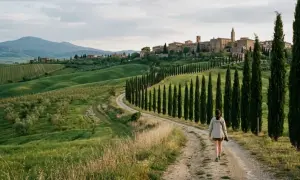 Passeggiata panoramica tra cipressi e colline verdi, un'idea su cosa fare in Val d'Orcia per godersi la bellezza della Toscana.