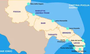 Mappa dei paesi della Puglia, con Foggia, Bari, Taranto, Brindisi e Lecce. Include località come Baia delle Zagare e Maldive del Salento.