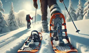 Racchette per camminare sulla neve pronte per un'avventura invernale tra alberi innevati e un sole brillante.