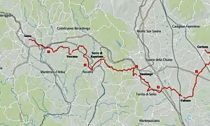 Mappa del percorso cicloturistico via Lauretana Toscana, da Siena a Cortona, con tappe segnate.