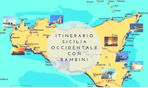 Mappa dell'itinerario in Sicilia occidentale con bambini: cosa visitare tra Trapani, Palermo, Agrigento, Etna e Siracusa.