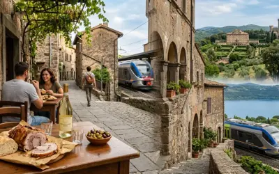 Coppia mangia in un borgo vicino Roma, con treno che passa e vista su lago e castello.