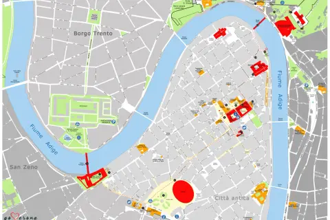 Mappa di Verona: cosa vedere a Verona in un giorno. Mostra l'Arena, Casa di Giulietta, Castelvecchio e il fiume Adige.