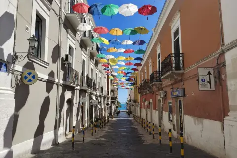 Un vicolo colorato da ombrelli sospesi, un'installazione artistica che rende unica la passeggiata. Ecco cosa vedere a Manfredonia, un'esperienza visiva indimenticabile.