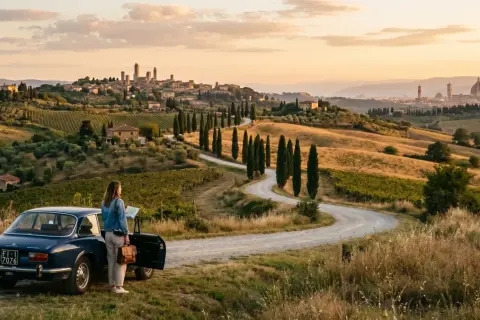 Donna con mappa accanto a un'auto d'epoca in un paesaggio collinare della Toscana da vedere, con cipressi e borghi all'orizzonte.