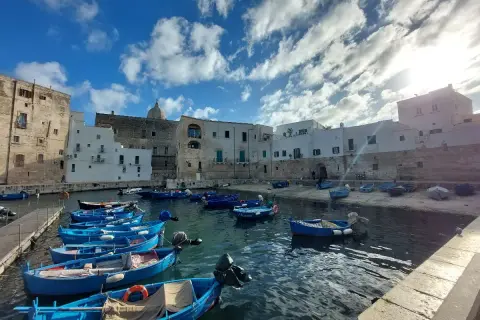 Porto con barche blu e case bianche, un'idea di cosa vedere a Bari in 3 giorni.