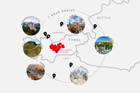 Mappa che mostra cosa vedere in un giorno da Innsbruck: castelli, ponti, città e montagne in Austria, Germania, Italia.