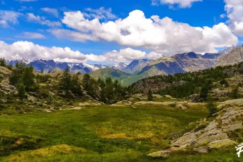Val Seriana: un prato verde e rocce ai piedi di montagne innevate, ideale per passeggiate facili e rigeneranti.
