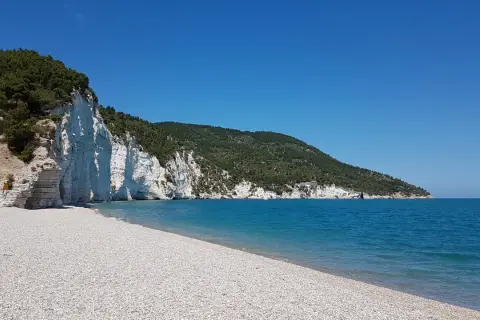 Spiaggia bianca puglia con scogliere a picco sul mare cristallino e vegetazione mediterranea.