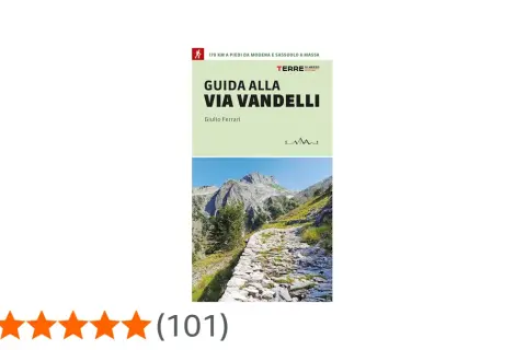 Copertina guida "La Via Vandelli", con sentiero lastricato in montagna. 170 km a piedi da Modena a Massa.