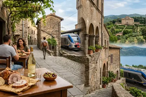Coppia mangia in un borgo vicino Roma, con treno che passa e vista su lago e castello.