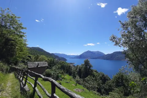 Il sentiero del viandante si snoda tra alberi verdi, con una vista mozzafiato su un lago azzurro e montagne sullo sfondo. Una piccola casa con tetto in pietra si intravede.