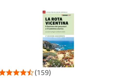 Copertina del libro "La Rota Vicentina", con paesaggio costiero e indicazioni sulle tappe del cammino.
