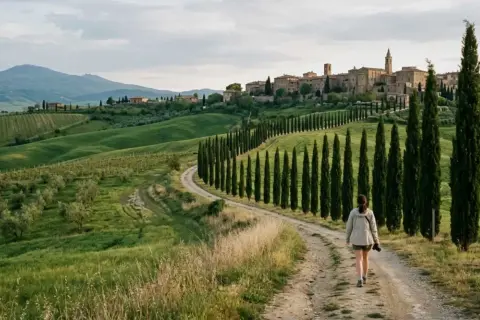 Passeggiata panoramica tra cipressi e colline verdi, un'idea su cosa fare in Val d'Orcia per godersi la bellezza della Toscana.