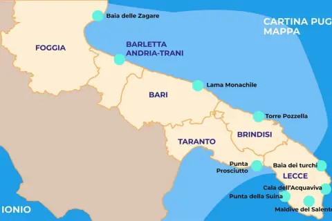 Mappa dei paesi della Puglia, con Foggia, Bari, Taranto, Brindisi e Lecce. Include località come Baia delle Zagare e Maldive del Salento.