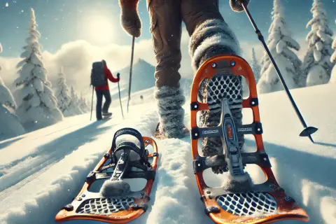 Racchette per camminare sulla neve pronte per un'avventura invernale tra alberi innevati e un sole brillante.