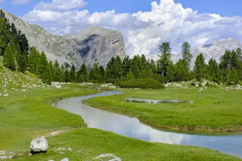 Un sereno sentiero di montagna serpeggia tra prati verdi e un ruscello cristallino, con imponenti vette sullo sfondo.