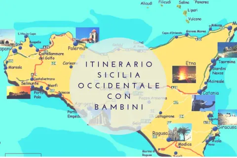 Mappa dell'itinerario in Sicilia occidentale con bambini: cosa visitare tra Trapani, Palermo, Agrigento, Etna e Siracusa.