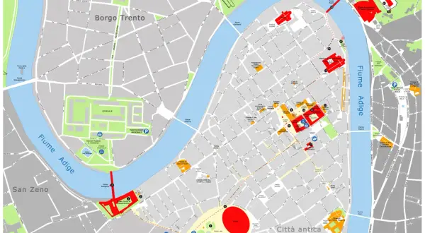 Mappa di Verona: cosa vedere a Verona in un giorno. Mostra l'Arena, Casa di Giulietta, Castelvecchio e il fiume Adige.