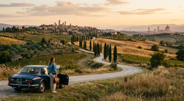 Donna con mappa accanto a un'auto d'epoca in un paesaggio collinare della Toscana da vedere, con cipressi e borghi all'orizzonte.