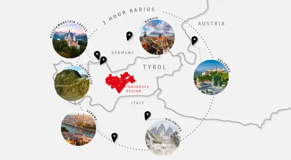 Mappa che mostra cosa vedere in un giorno da Innsbruck: castelli, ponti, città e montagne in Austria, Germania, Italia.