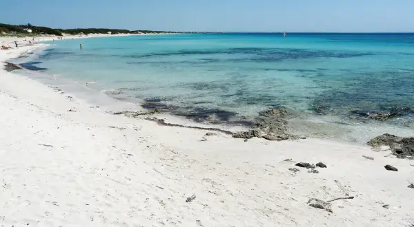 Spiagge Puglia Salento: sabbia bianca finissima, mare cristallino turchese e un velista all'orizzonte. Un paradiso naturale.