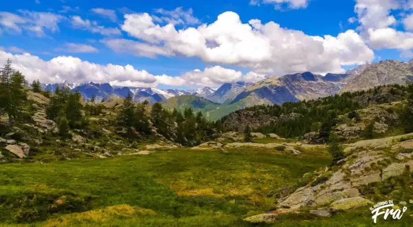 Val Seriana: un prato verde e rocce ai piedi di montagne innevate, ideale per passeggiate facili e rigeneranti.