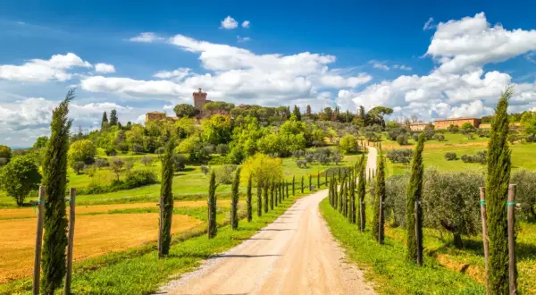 Strada sterrata fiancheggiata da cipressi in una gita in Toscana, con un borgo in collina sotto un cielo azzurro e nuvoloso.