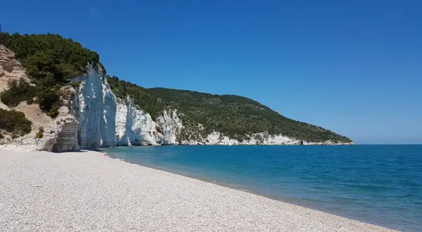 Spiaggia bianca puglia con scogliere a picco sul mare cristallino e vegetazione mediterranea.