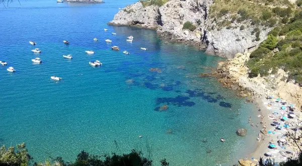 La cala del Gesso, Monte Argentario, offre un mare cristallino con barche all'ancora e una spiaggia affollata di bagnanti sotto ombrelloni colorati.