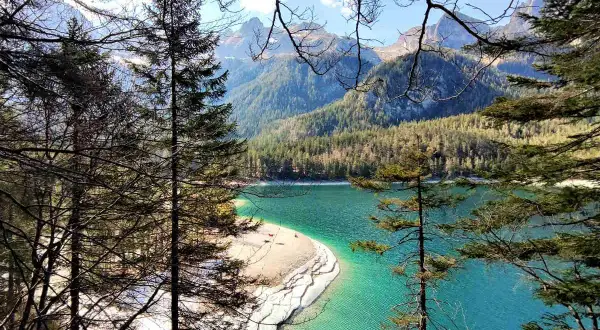 Un lago turchese incastonato tra montagne boscose, con una spiaggia sabbiosa che si estende nel **Val di Non**.