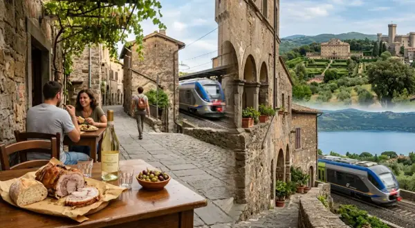 Coppia mangia in un borgo vicino Roma, con treno che passa e vista su lago e castello.